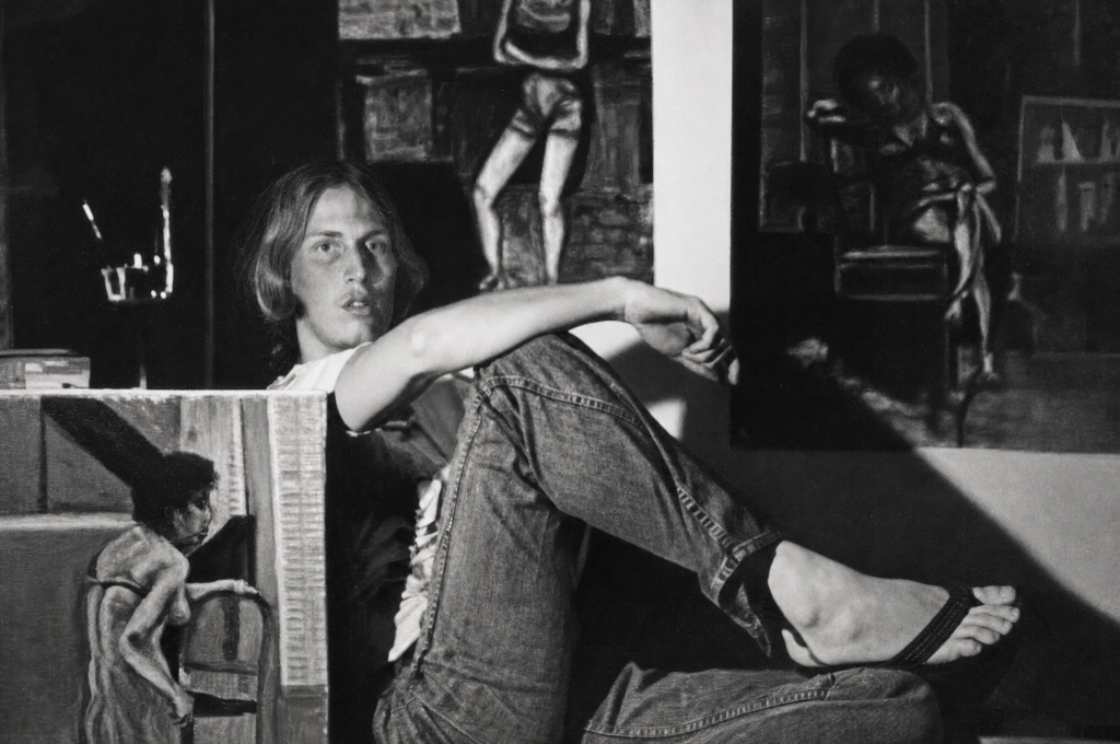 Barney as a young artist, surrounded by his canvases